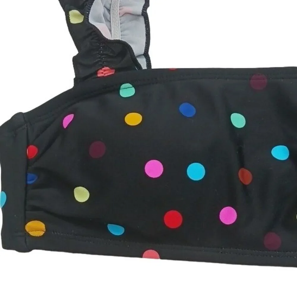 No Boundaries Bikini Top Black Rainbow Polka Dot Ruffle Straps Juniors S 3-5